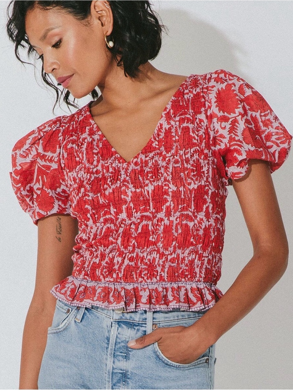 Cleobella Raspberry Floral Smocked V-Neck Puff Sleeve Blouse